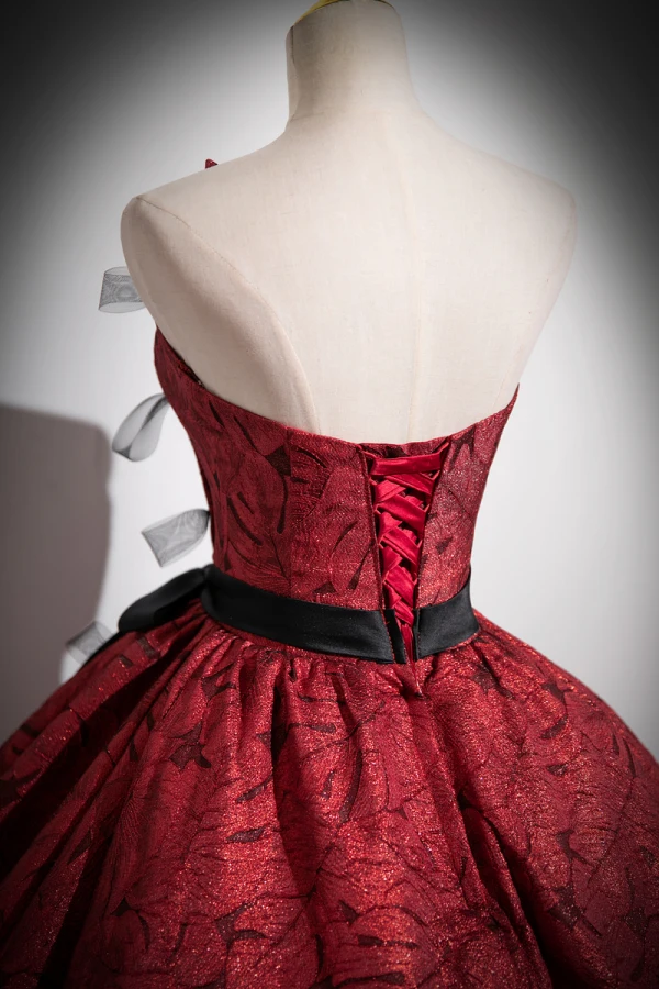 Vintage / Retro Glitter Burgundy Prom Dresses 2023 Ball Gown Strapless Sleeveless Backless Bow Sash Floor-Length / Long Prom Formal Dresses