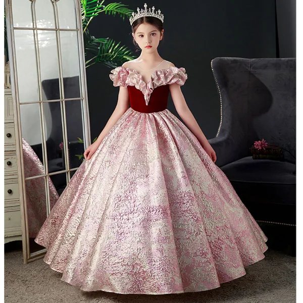 Elegant Burgundy Prom Flower Girl Dresses 2022 Ball Gown Ruffle Scoop Neck Sequins Short Sleeve Floor-Length / Long Flower Girl Dresses