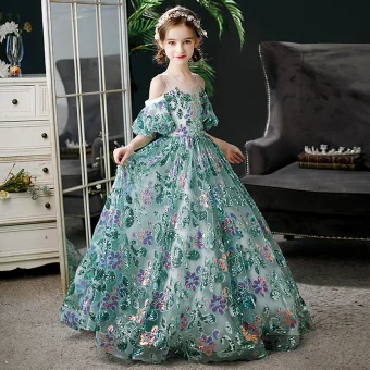 Vintage Retro Green Sequins Birthday Flower Girl Dresses 2024 Ball Gown Scoop Neck Short Sleeve Floor Length Long