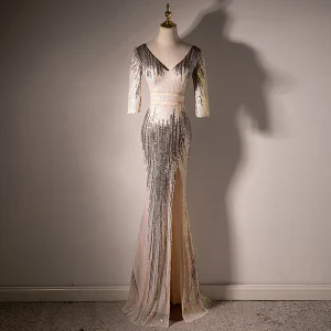Sparkly Sexy Champagne Sequins Evening Dresses 2022 Trumpet Mermaid V Neck 3 4 Sleeve Backless Split Front Floor Length Long Formal Dresses
