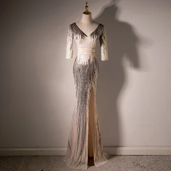 Glitter Sexy Champagne Pailletten Avondjurken 2022 Trompet Zeemeermin V Hals 3 4 Mouwen Ruglooze Split Voorzijde Lange Gelegenheid Jurken