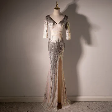 Scintillantes Sexy Champagne Paillettes Robe De Soirée 2022 Trompette Sirène V Cou 3 4 Manches Dos Nu Fendue Devant Longue Robe De Ceremonie