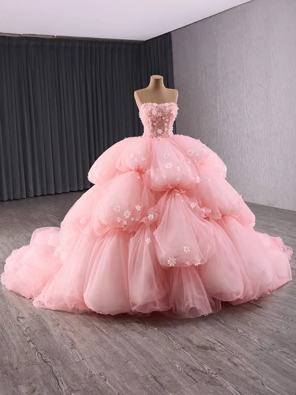 High-end Herlig Rødmende Rosa Gripende Ruffles Perle Appliques Brudekjoler 2024 Ballkjole Kjæreste Uten Ermer Ryggløse Domstol Tog Ball