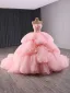 High-end Herlig Rødmende Rosa Gripende Ruffles Perle Appliques Brudekjoler 2024 Ballkjole Kjæreste Uten Ermer Ryggløse Domstol Tog Ball