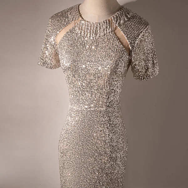 Sexy Sparkly Champagne Evening Dresses 2022 Trumpet / Mermaid Scoop Neck Short Sleeve Beading Sequins Lace Flower Floor-Length / Long Split Front Evening Party Formal Dresses