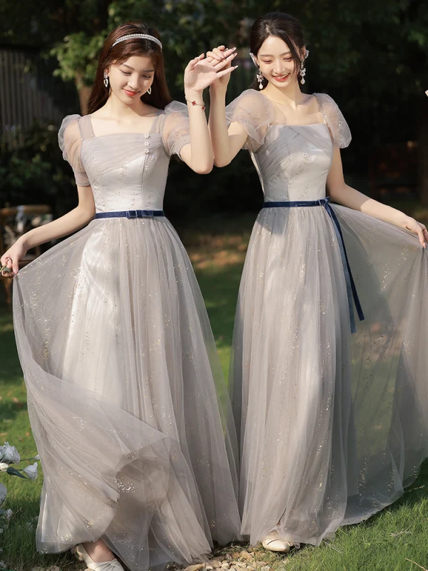 Modest / Simple Grey Bow Sash Bridesmaid Dresses 2023 A-Line / Princess Square Neckline Short Sleeve Floor-Length / Long Bridesmaid Dresses
