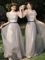 Modest / Simple Grey Bow Sash Bridesmaid Dresses 2023 A-Line / Princess Square Neckline Short Sleeve Floor-Length / Long Bridesmaid Dresses