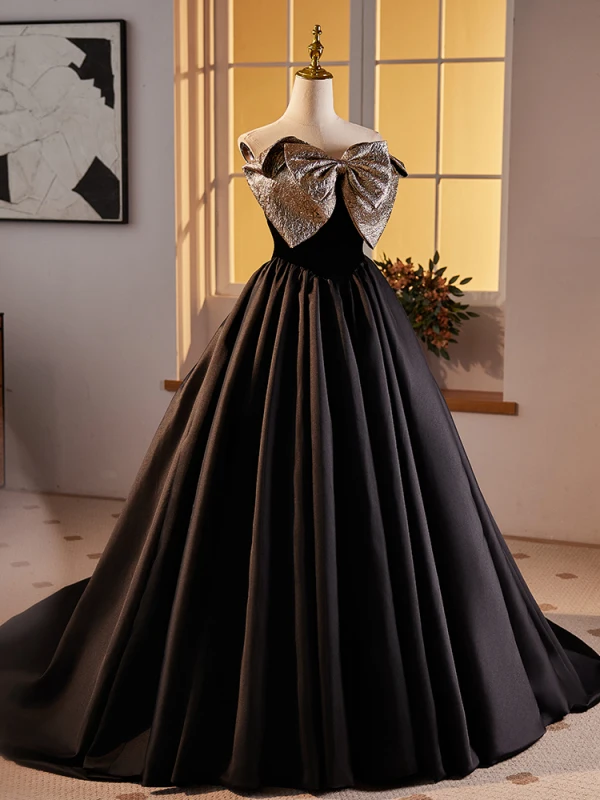 Elegant Black Prom Dresses 2024 Ball Gown Strapless Bow Sleeveless Backless Floor-Length / Long Prom Formal Dresses