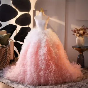 Charmant Dégradé De Couleur Rougissant Rose Plissée Robe De Bal 2025 Robe Boule Bustier Sans Manches Dos Nu Tribunal Train Robe De Ceremonie