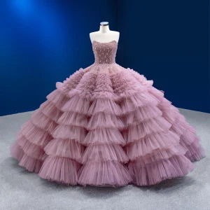 Lyx Rodnande Rosa Beading Rhinestone Pärla Paljetter Bröllopsklänningar 2023 Balklänning Axelbandslös Ärmlös Halterneck Cascading Volanger Svep Tåg Bröllop