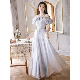 Scintillantes Gris Glitter Paillettes Robe De Bal 2023 Princesse Encolure Dégagée Volants Manches Courtes Dos Nu Longue Promo Robe De Ceremonie