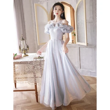 Sparkly Grey Glitter Sequins Prom Dresses 2023 A Line Princess Scoop Neck Ruffle Short Sleeve Backless Floor Length Long Prom Formal Dresses