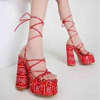 Romain Été Rouge Vêtement De Rue Sandales Femme 2022 Bride Cheville 14 Cm Talons Épais Peep Toes Bout Ouvert Sandales Talons Hauts