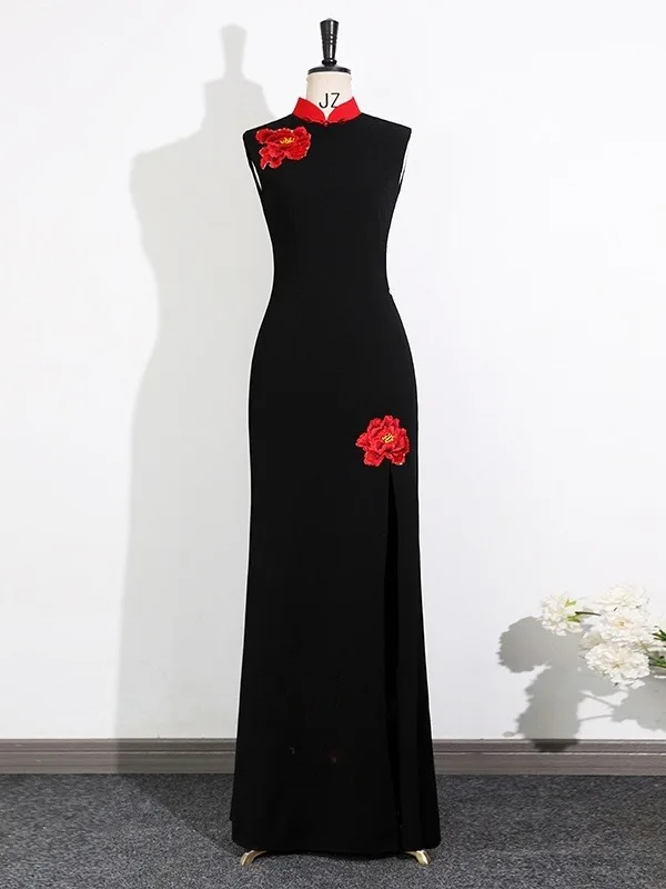 Chinese style Black Lace Flower Evening Party Cheongsam 2025 Trumpet / Mermaid High Neck Sleeveless Floor-Length / Long