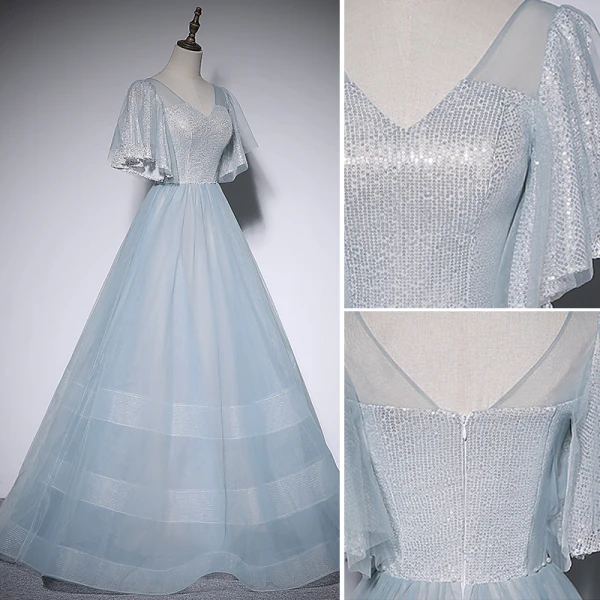 Fashion Sky Blue Sequins Prom Dresses 2022 A-Line / Princess V-Neck Short Sleeve Backless Floor-Length / Long Prom Formal Dresses