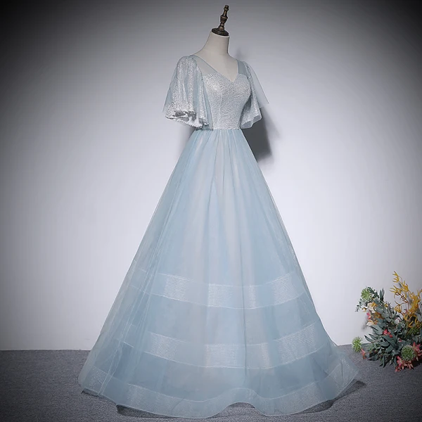 Fashion Sky Blue Sequins Prom Dresses 2022 A-Line / Princess V-Neck Short Sleeve Backless Floor-Length / Long Prom Formal Dresses