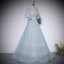 Fashion Sky Blue Sequins Prom Dresses 2022 A-Line / Princess V-Neck Short Sleeve Backless Floor-Length / Long Prom Formal Dresses