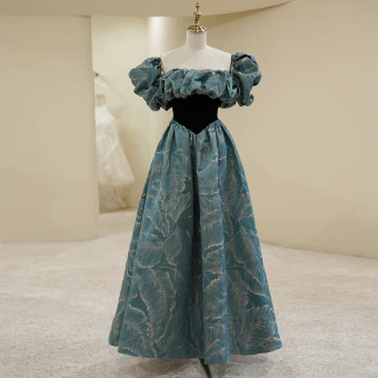Vintage Originale Bleu D Encre Robe De Bal 2022 Princesse Encolure Carrée Gonflée Manches Courtes Dos Nu Longue Promo Robe De Ceremonie
