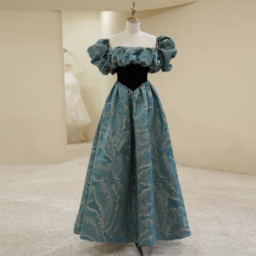 Vintage Retro Ink Blue Prom Dresses 2022 A Line Princess Square Neckline Puffy Short Sleeve Backless Floor Length Long Prom Formal Dresses