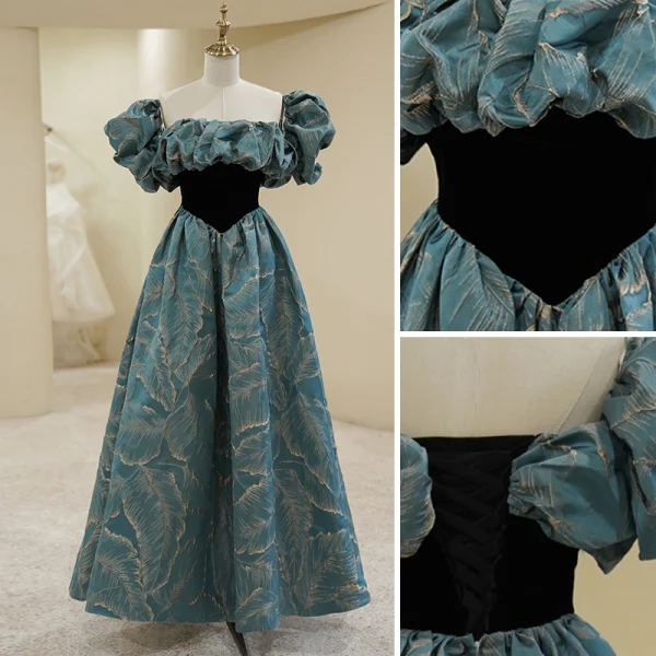 Vintage / Retro Ink Blue Prom Dresses 2022 A-Line / Princess Square Neckline Puffy Short Sleeve Backless Floor-Length / Long Prom Formal Dresses