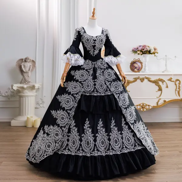 Vintage / Retro Black Lace Flower Prom Dresses 2026 Ball Gown Square Neckline Bell sleeves Backless Floor-Length / Long Formal Dresses