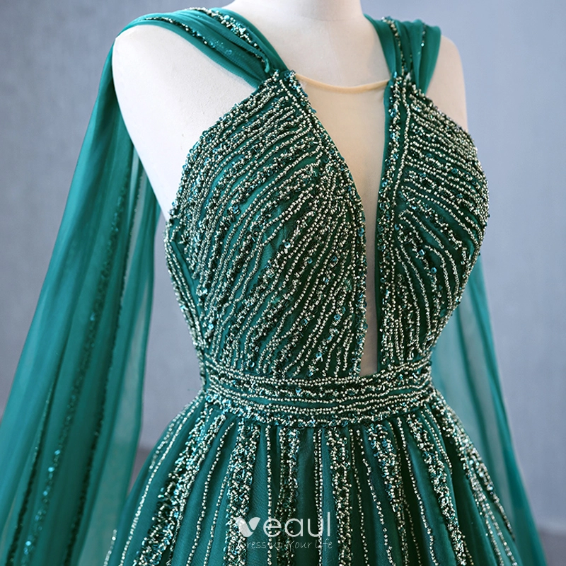 High-end Vintage / Retro Dark Green Handmade Beading Sequins Prom Dresses  2023 A-Line / Princess Square