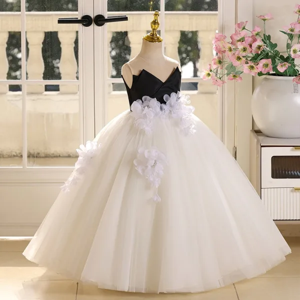 Chic / Beautiful Ivory Appliques Birthday Flower Girl Dresses 2025 Ball Gown Scoop Neck Sleeveless Backless Floor-Length / Long