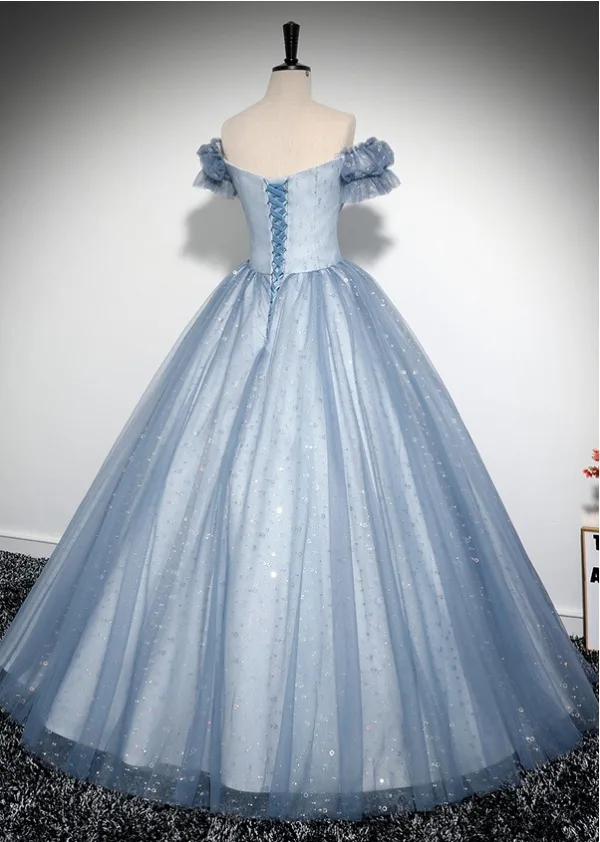 Élégant Bleu Ciel Perlage Paillettes En Dentelle Fleur Robe De Bal 2025 De l'épaule Manches Courtes Dos Nu Longue Robe De Ceremonie
