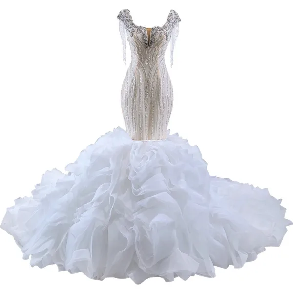 Luxe Blanche Perlage Gland Faux Diamant Paillettes Volants en Cascade Robe De Mariée 2023 Trompette / Sirène Encolure Carrée Sans Manches Dos Nu Chapel Train Mariage