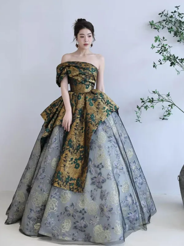 Vintage / Retro Tan Printing Prom Dresses 2025 Ball Gown Off-The-Shoulder Short Sleeve Backless Floor-Length / Long Formal Dresses