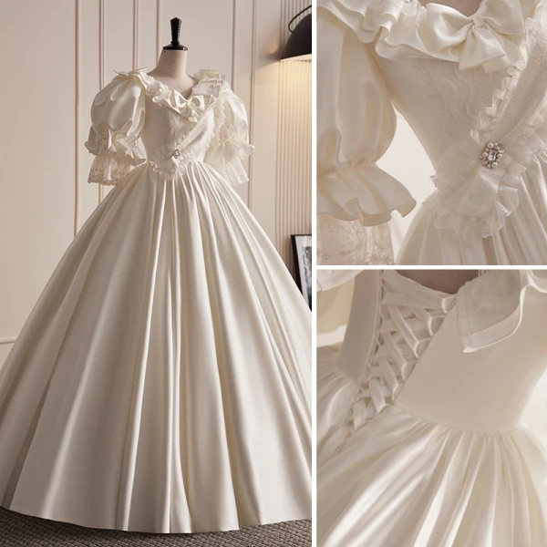 Vintage / Retro Audrey Hepburn Style Ivory Pearl Rhinestone Wedding Dresses 2023 Ball Gown Satin Ruffle V-Neck Bow Short Sleeve Backless Floor-Length / Long Wedding