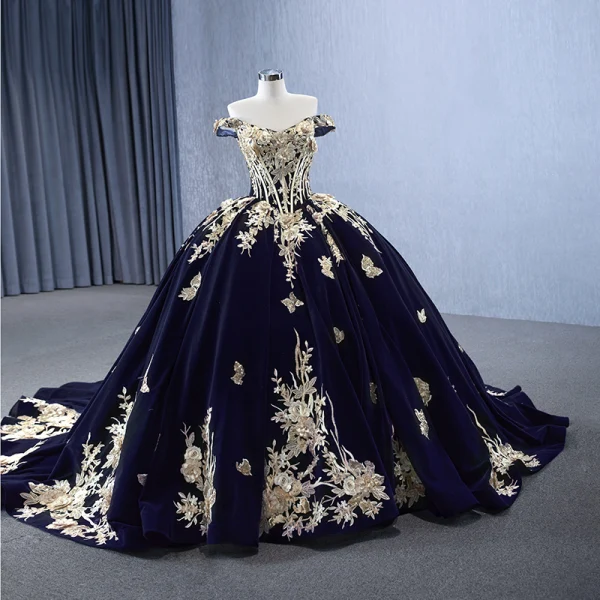 Vintage / Retro High-end Navy Blue Pearl Lace Flower Prom Dresses 2023 Ball Gown Off-The-Shoulder Sleeveless Backless Sweep Train Prom Formal Dresses