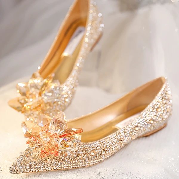 Uroczy Złote Kryształ Rhinestone Płaskie Buty Ślubne 2023 Skórzany Szpiczaste Buty Ślubne