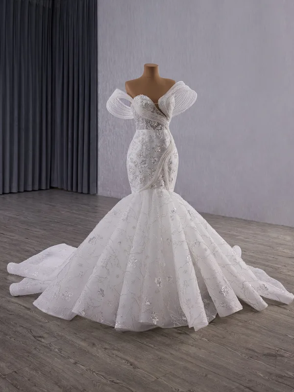 Luxury / Gorgeous White Handmade  Beading Pearl Sequins Rhinestone Wedding Dresses 2025 Trumpet / Mermaid Strapless Sleeveless Backless Court Train