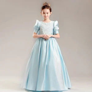 Chic Beautiful Sky Blue Satin Birthday Flower Girl Dresses A Line Princess 2022 Scoop Neck Beading Sequins Rhinestone Bow Short Sleeve Floor Length Long Flower Girl Dresses