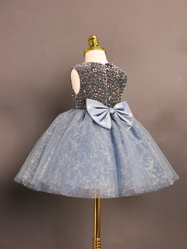 Bling Bling Grey Sequins Short Birthday Flower Girl Dresses 2023 Ball Gown Scoop Neck Sleeveless Bow