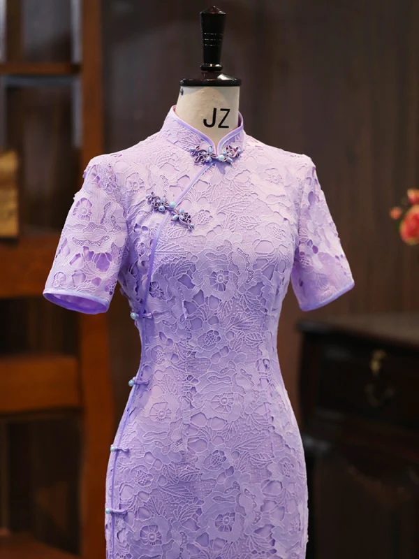 Vintage / Retro Chinese style Lavender Pearl Lace Flower Street Wear Tea-length Cheongsam 2024 Trumpet / Mermaid High Neck Short Sleeve