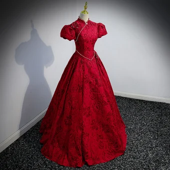 Élégant Bordeaux Robe De Bal 2022 Robe Boule Col Haut Perle En Dentelle Fleur Manches Courtes Dos Nu Longue Robe De Ceremonie