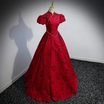 Élégant Bordeaux Robe De Bal 2022 Robe Boule Col Haut Perle En Dentelle Fleur Manches Courtes Dos Nu Longue Robe De Ceremonie