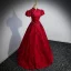 Elegant Burgundy Prom Dresses 2022 Ball Gown High Neck Pearl Lace Flower Short Sleeve Backless Floor-Length / Long Formal Dresses
