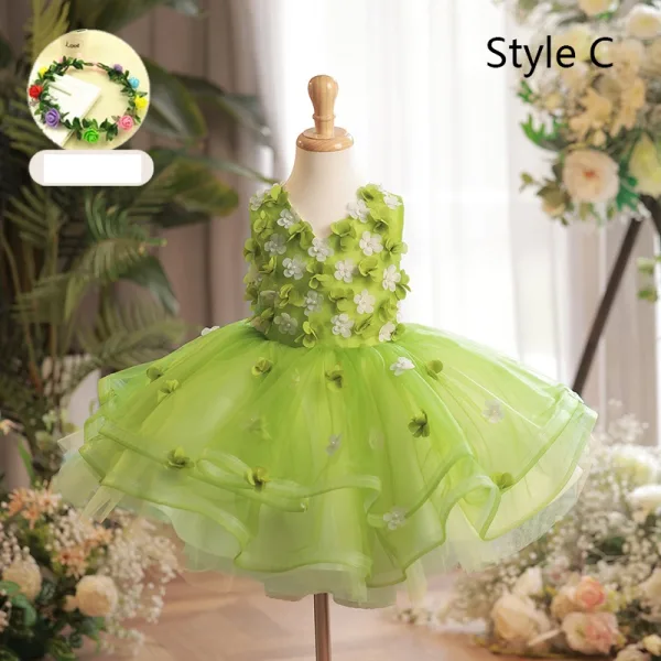 Flower Fairy Sage Green Appliques Birthday Flower Girl Dresses 2024 Ball Gown V-Neck Bell sleeves Floor-Length / Long
