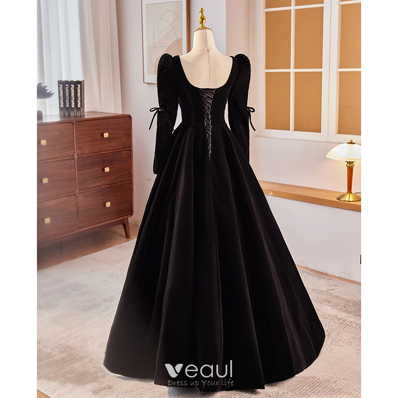 Audrey Hepburn Style Black Velvet Winter Prom Dresses 2024 ALine