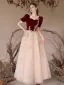 Chic / Beautiful Burgundy Rhinestone Lace Flower Velvet Prom Dresses 2024 A-Line / Princess Square Neckline Short Sleeve Backless Floor-Length / Long Prom Formal Dresses