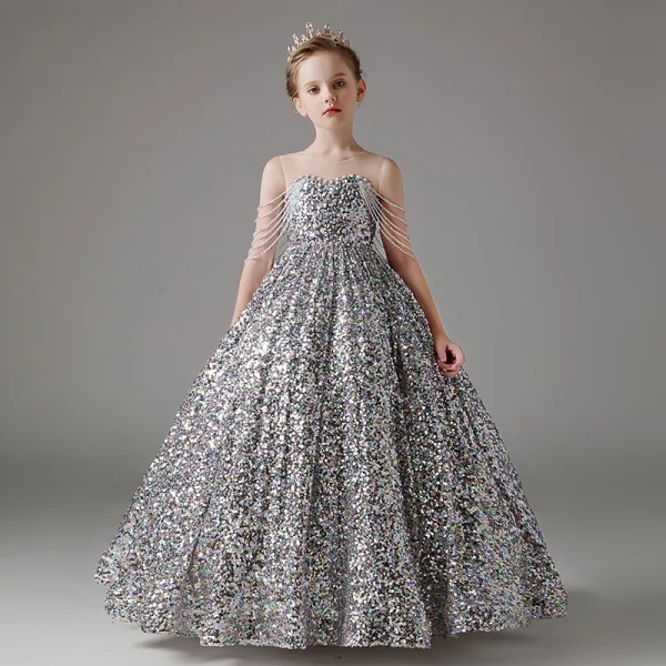 Sparkly Silver Beading Sequins Birthday Flower Girl Dresses 2024 Ball Gown Scoop Neck Sleeveless Backless Floor-Length / Long