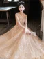 Charming Champagne Beading Tassel Sequins Evening Dresses 2023 A-Line / Princess Scoop Neck Backless Short Sleeve Floor-Length / Long Evening Party Formal Dresses