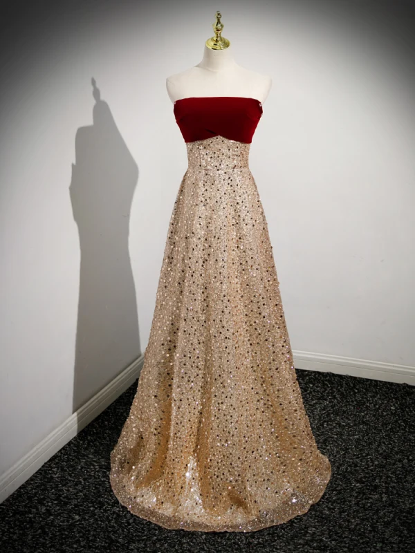 Sparkly Gold Beading Sequins Evening Dresses 2023 A-Line / Princess Off-The-Shoulder Puffy Short Sleeve Backless Floor-Length / Long Formal Dresses