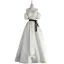 Fashion White Bow Sash Prom Dresses 2024 A-Line / Princess Off-The-Shoulder Puffy Short Sleeve Backless Floor-Length / Long Prom Formal Dresses