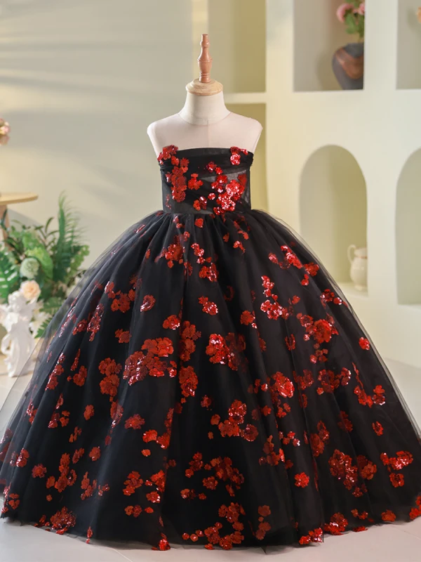 Charmant Schwarz Pailletten Sweep / Pinsel Zug Blumenmädchenkleider 2024 Ballkleid Bandeau Ärmellos Rückenfreies