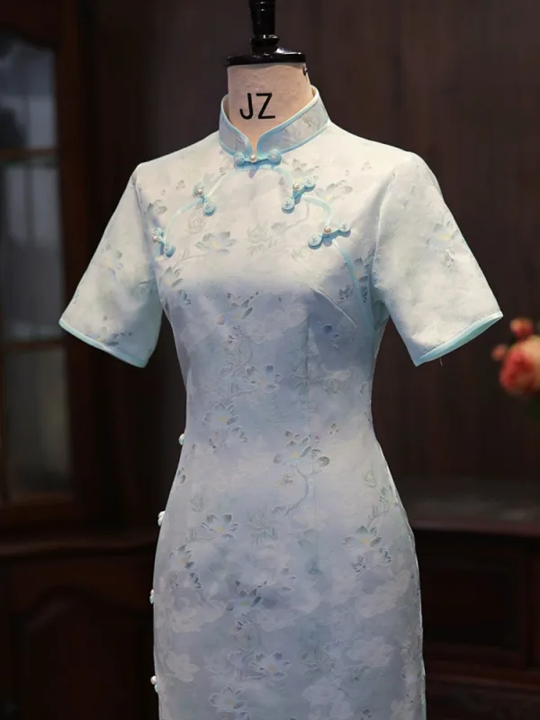 Chinese style Sky Blue Printing Tea-length Silk Cheongsam 2026 Trumpet / Mermaid High Neck Short Sleeve