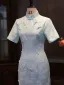 Chinese style Sky Blue Printing Tea-length Silk Cheongsam 2026 Trumpet / Mermaid High Neck Short Sleeve